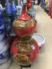 西安招財葫蘆大花瓶擺件 紅瓷牡丹大廳擺飾