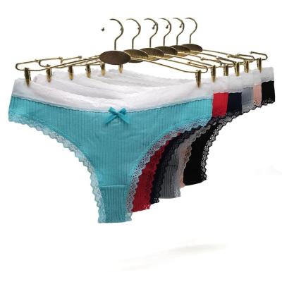 厂家外贸女士内裤 螺纹棉蕾丝边纯色丁字裤